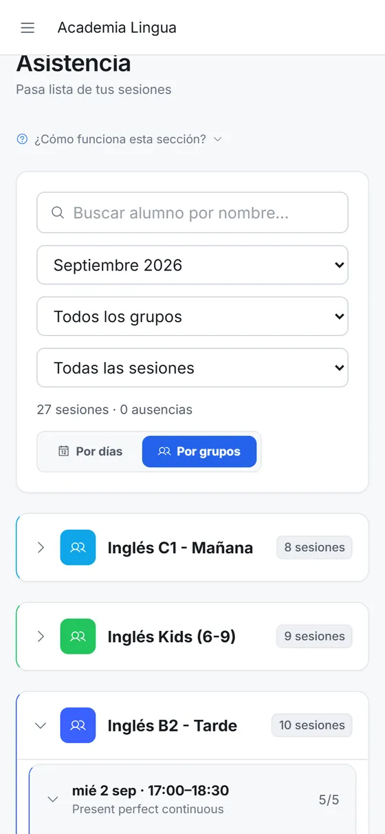Pantalla de asistencia en el móvil del profesorado, con sus sesiones agrupadas por grupo y cuántas lleva cada uno.